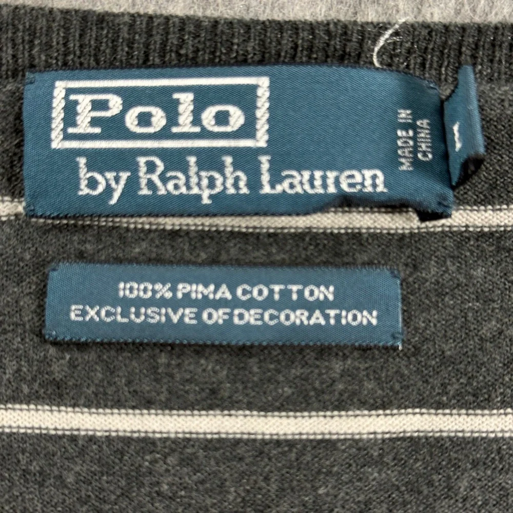Polo Ralph Lauren Mens Pima Cotton V-Neck Striped Sweater Grey White Large